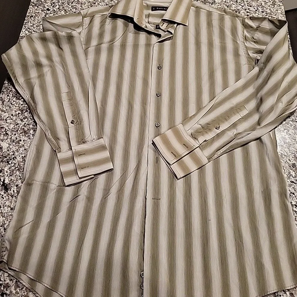 J.Ferrar Men's Olive Green Striped Dress Shirt Size 16.5 34-35 - Picture 1 of 6